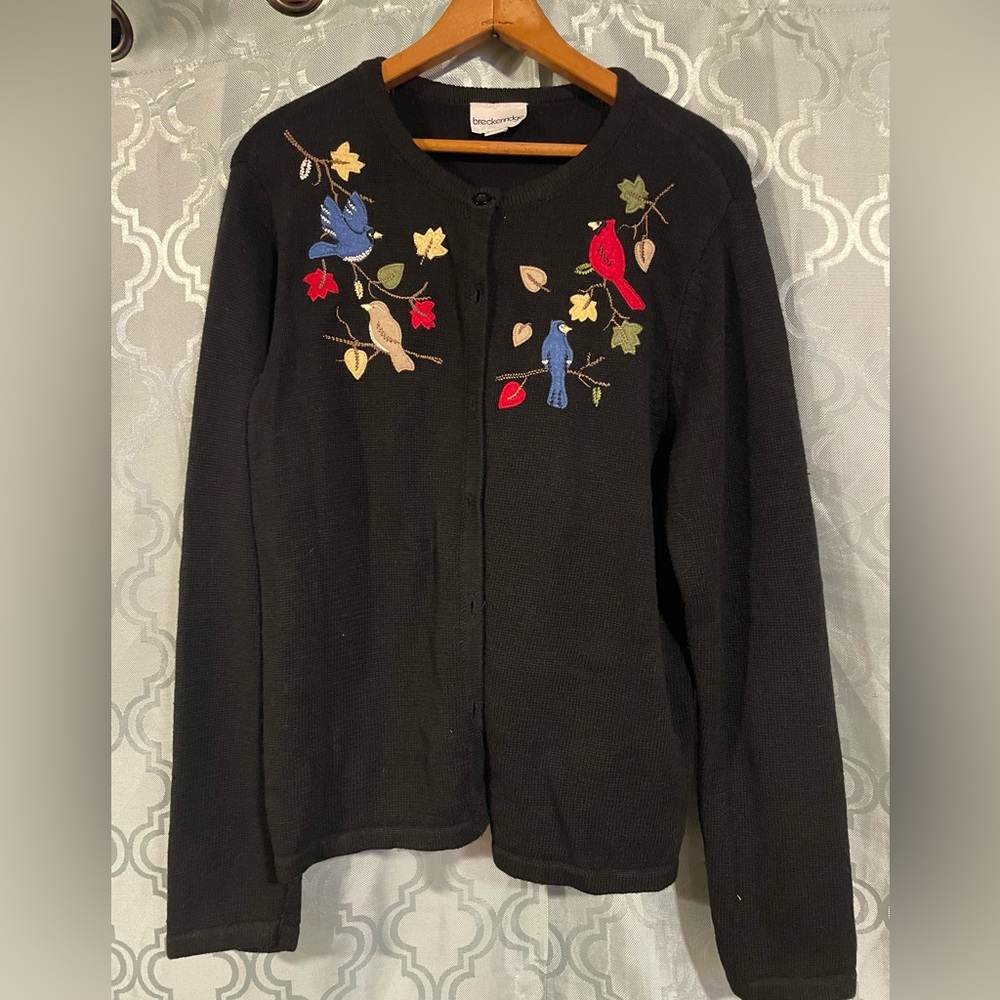 Vintage Breckenridge Black Cardigan Embroidered Bird on Branch, Women’s L